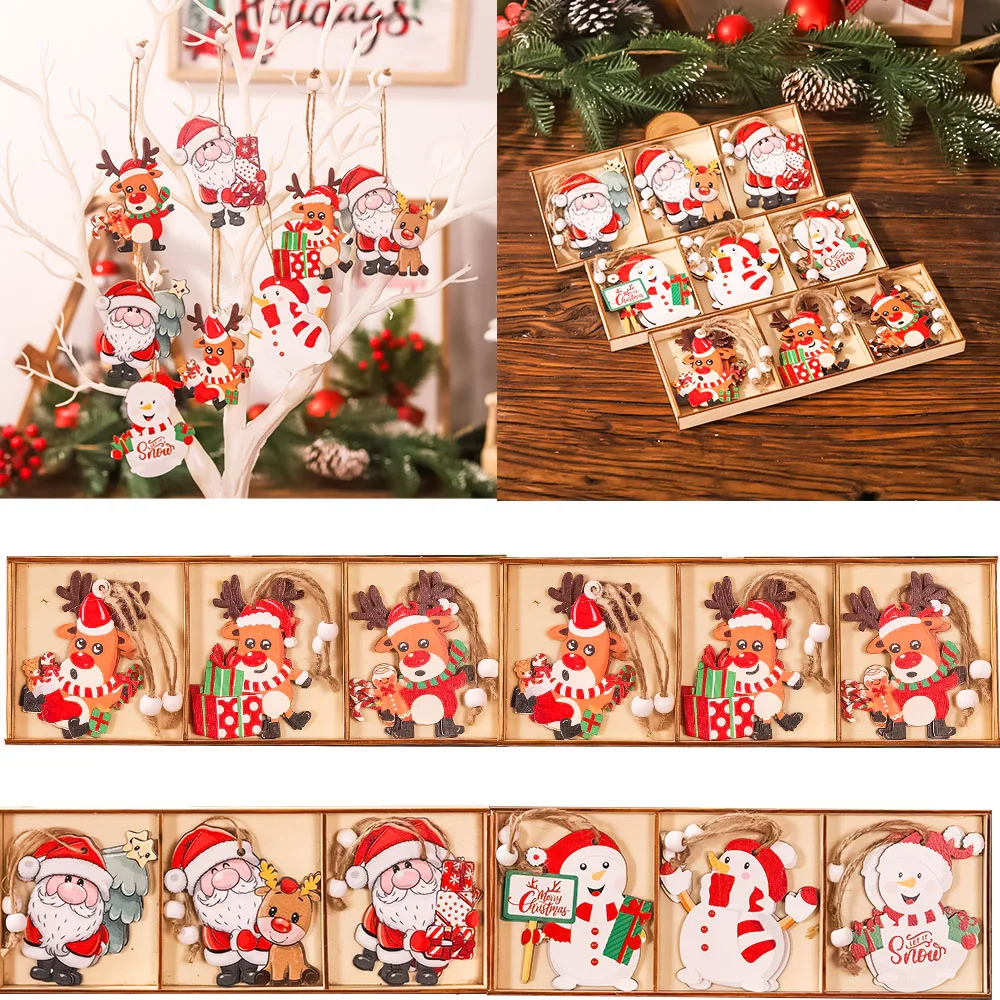 9/12pcs Christmas Santa Wooden Hanging Ornaments Snowman Reindeer Gnome Wood Hanging Decor for Christmas Tree Decoration Noel