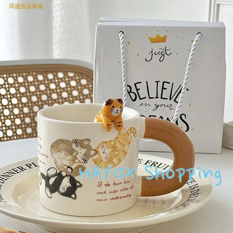 Cartoon Hand-painted Cat Ceramic Mugs, Bring 3D Cat Spoon Water Milk Breakfast Coffee Cup for Girlfriend Birthday Gift Drinkware