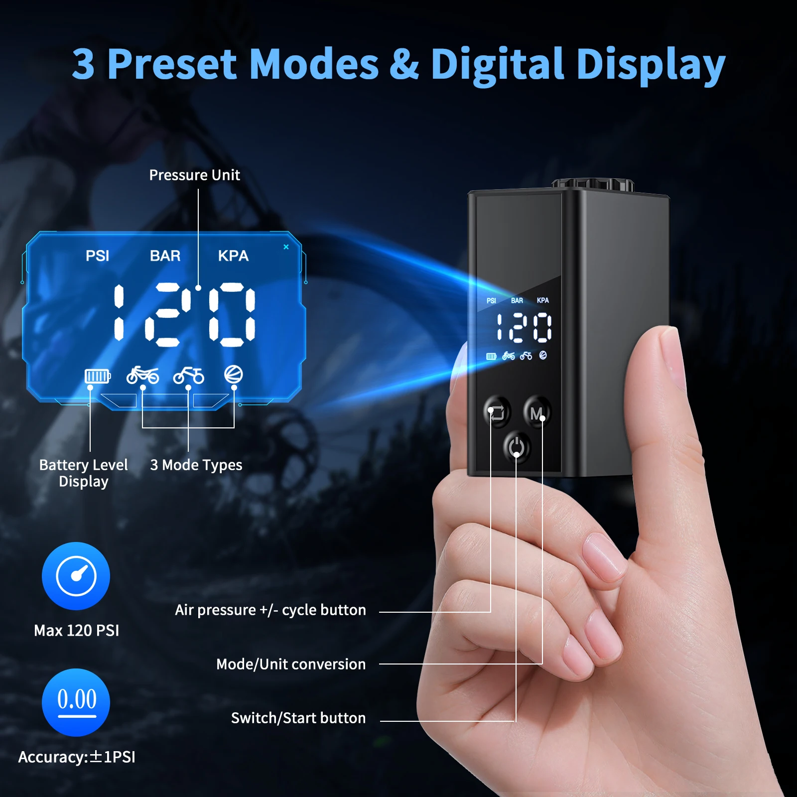 Extractme مضخة دراجة كهربائية صغيرة 120 رطل لكل بوصة مربعة نوع-C قابلة للشحن منفاخ هواء محمول AV FV صمام ملحقات دراجة الطريق الجبلية