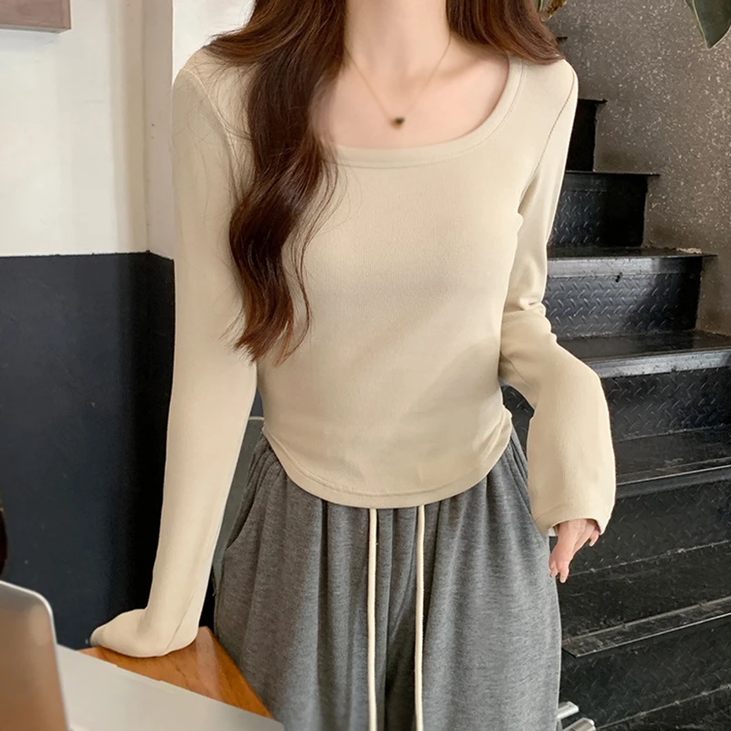 Spring Fitted Solid Casual Basic T-Shirt For Women  Clothes  Mujer Camisetas Long Sleeve Cotton Tee Shirt