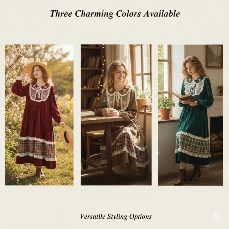 

French Grid Lace Midi Dresses Y2K Vintage Corduroy Dresses Ruffled Peter Pan Collar Sweet Waist Cinched A-Line Long Dresses New