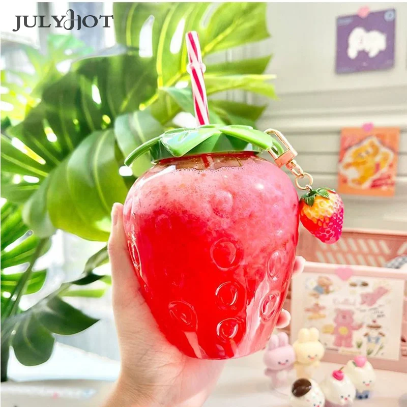 500ml Strawberry Straw Water Bottle Cute Summer Portable Plastic Cup Cartoon Kawaii Girl Student Kids Drinking Cup Juice Bottle