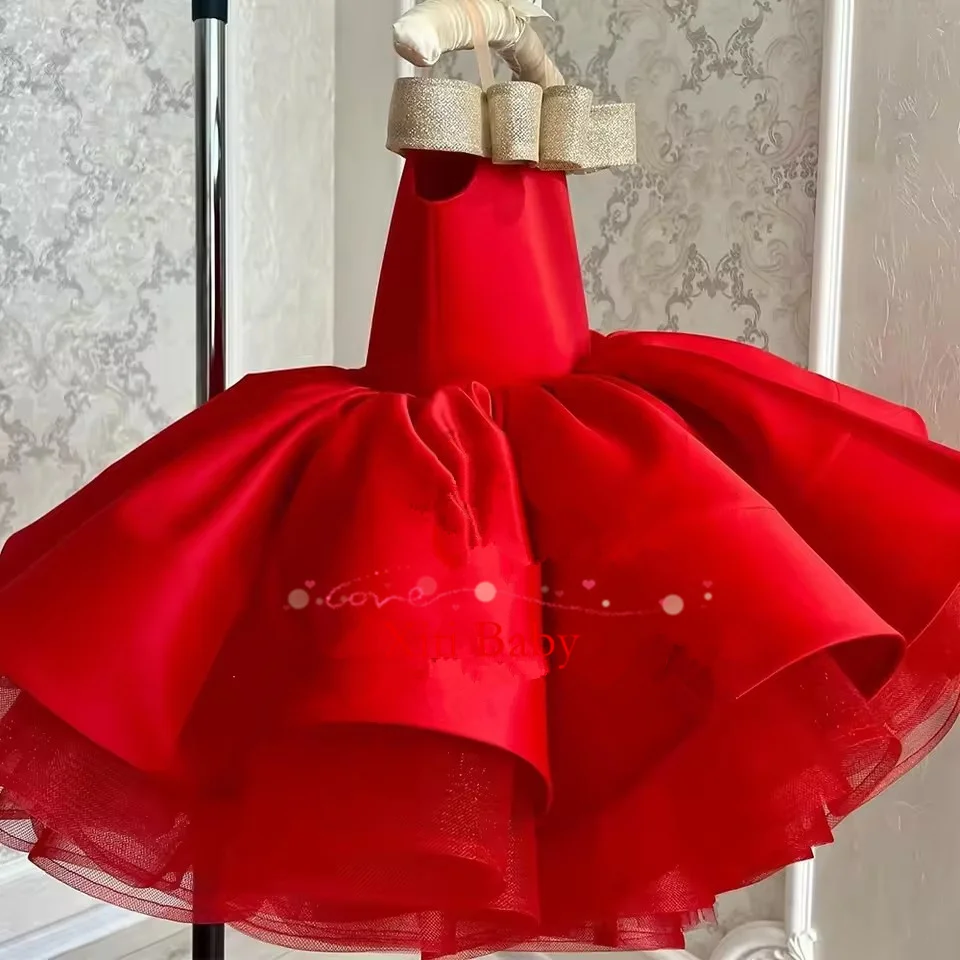 Elegant Red Flower Gir Dresses Glitter Sparkly Beads Bow Evening Party Fluffy Ball Gown First Communion Kid Toddler