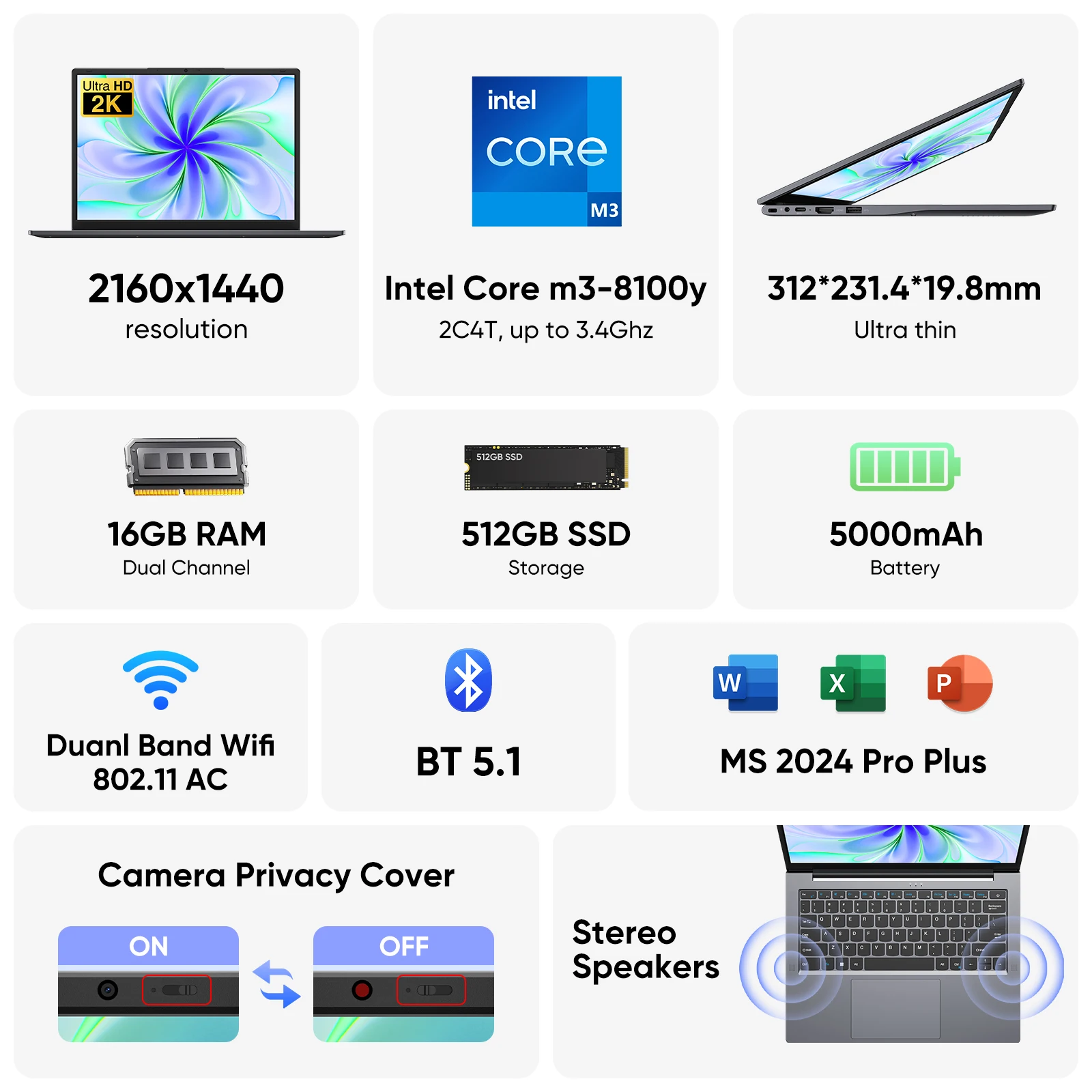 Laptop Windows 11 Pro com tela 2K de 14,1", 16 GB de RAM, 512 GB SSD, processador Intel Core, notebook ultrafino e leve