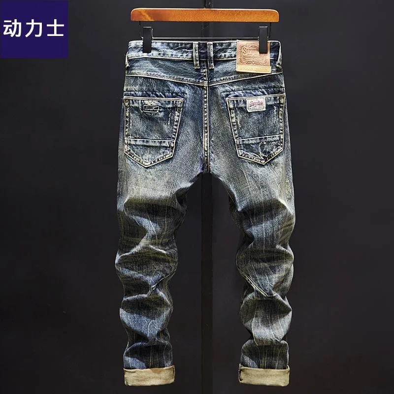 2024 Autumn/Winter New Fashion Solid Color Vintage Ripped Stretch Jeans Men\'s Casual Loose Comfortable High Quality Pants 28-36