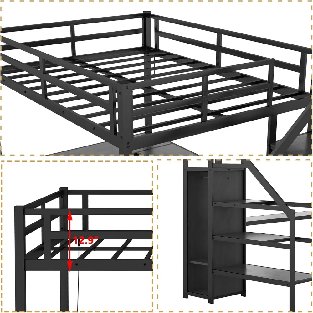 Pełny łóżko piętrowe XL z schodami i szafą, metalowe łóżko piętrowe z biurkiem i schodami do przechowywania, łóżko piętrowe z oświetleniem LED RGB i funkcją ładowania.