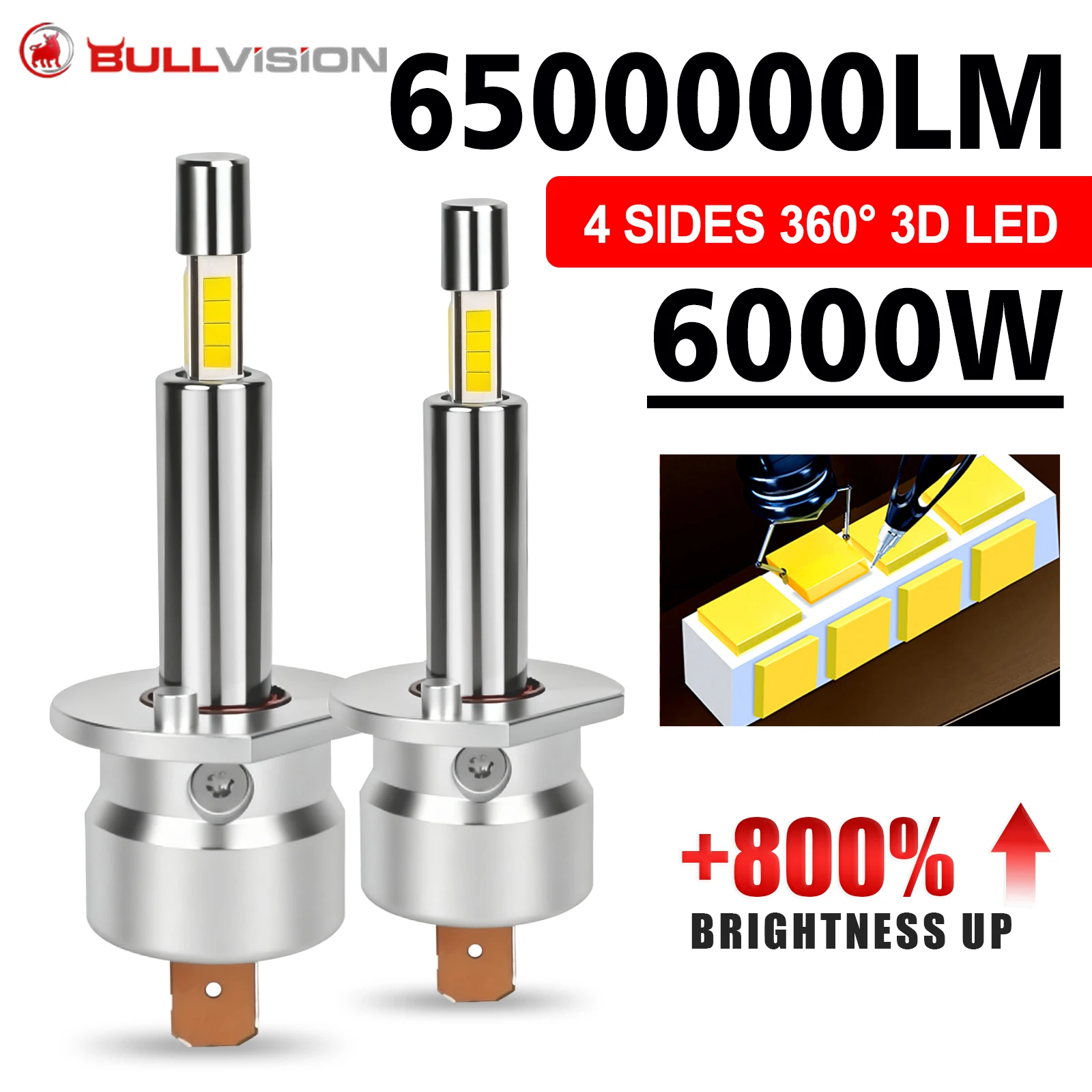 2Pcs Turbo H7 H1 Led Light Car Headlight Canbus 360 3D CSP Chips Auto Light Kits Replace Lamps Wireless 6000K Automobile 12V