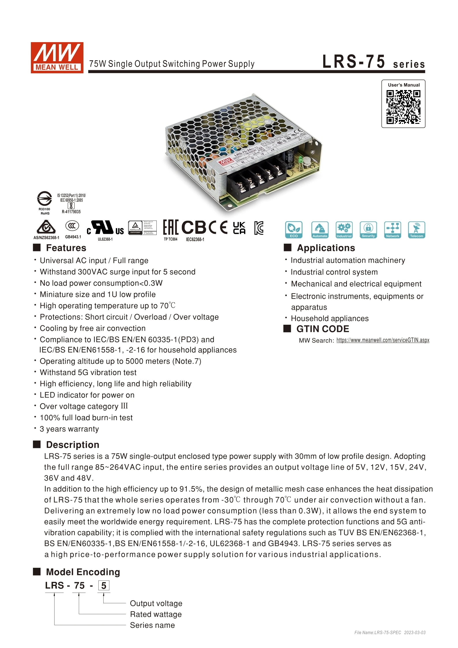 ويان ويل LRS-75 سلسلة LRS-75-5 LRS-75-12 LRS-75-15 LRS-75-24 LRS-75-36 LRS-75-48 75W LRS-75 LRS #6