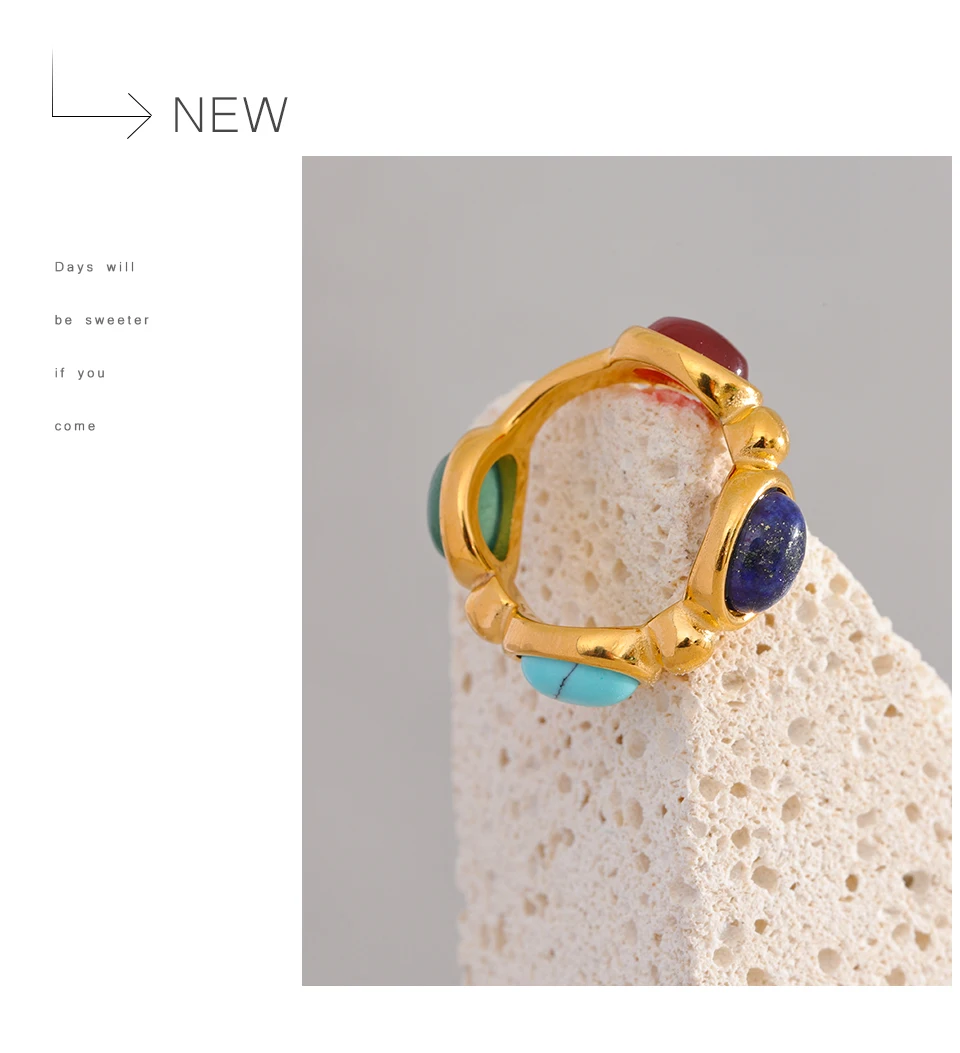 Yhpup Edelstahl Bunter Naturstein Achat Guss Vintage Charm Ring Mode 316l Schmuck für Frauen Strukturiertes Geschenk – Detail 12