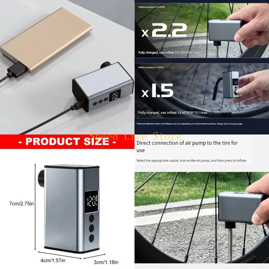 547C Compacted Digital Tire Inflator 120PSI Fast Inflation with LCD Screen for Motorcycle Bicycles Ball Pump Travel Emergency