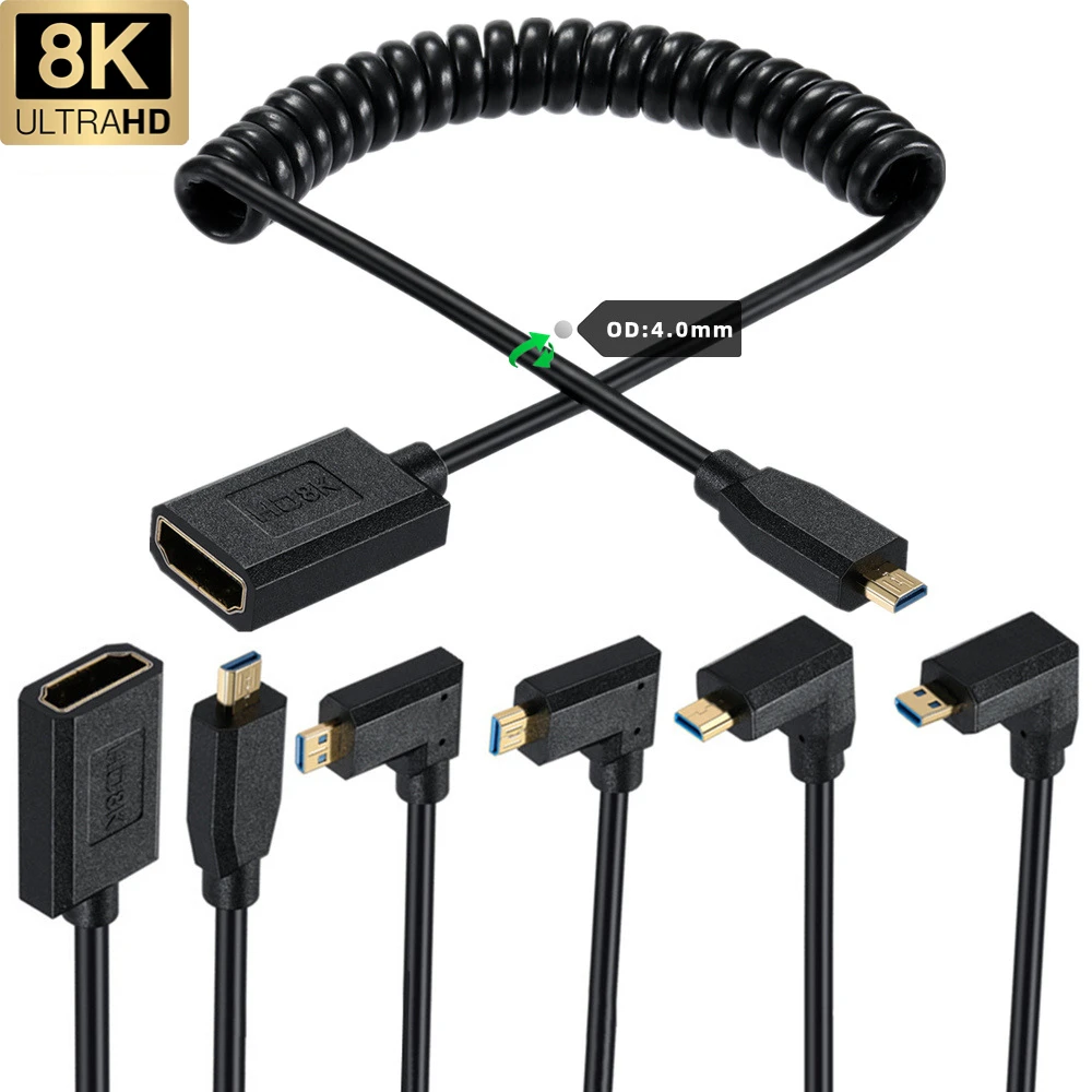 8K60Hz Micro Hdmi To Hdmi Female Spring  Slim/Thin HDMI coiled Cable Thin Flexible Cable OD4.0 Micro Camera Flat-panel TV Cable