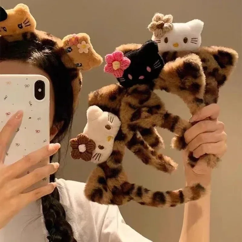 

Sanrio Hello Kitty Autumn and Winter New Cartoon Plush Hairband Leopard Capibala Cute Anti-slip Headband Women's Face Headdress