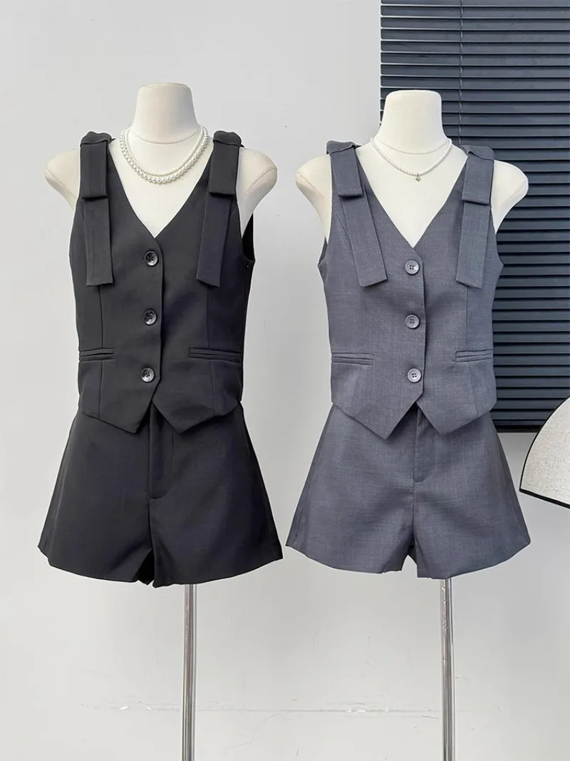 

Y2k 2024 Vintage Summer Set Women 2 Pieces V Neck Bowknot Single-breasted Slim Vest Top Suit+high Waist Wide Leg Shorts Outfits