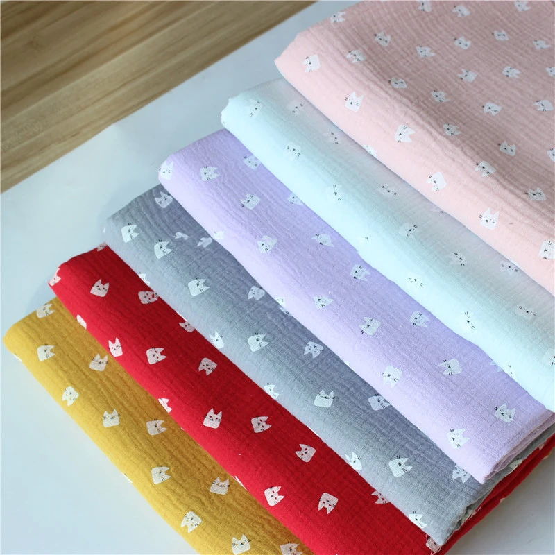 Cat Printed Cotton Crepe Fabric Soft Double Gauze Cotton Crepe Fabric for DIY Sewing Patchwork Baby Cloth Tracksuit Bed Sheet