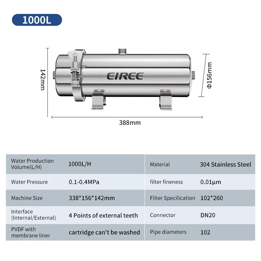 EIREE-filtro de agua de ultrafiltración de acero inoxidable para el hogar, 1000L, 0,01 μm, sin electricidad, purificador de agua de bebida directa para el hogar