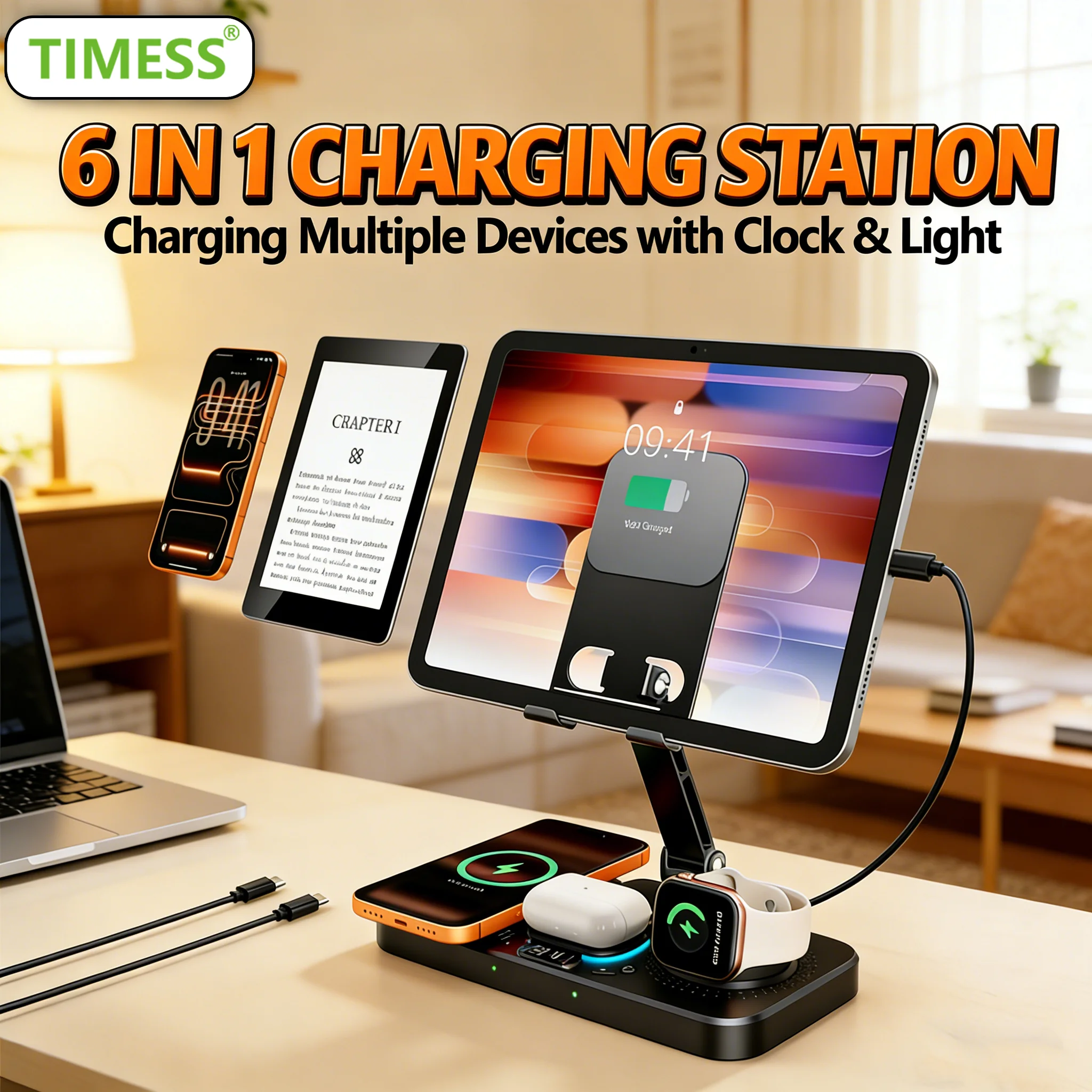 timess-6-in-1充電ステーション-iphone17-16-15対応-時計＆ライト付き-15w急速折りたたみ式有線充電スタンド-ipad-タブレット対応