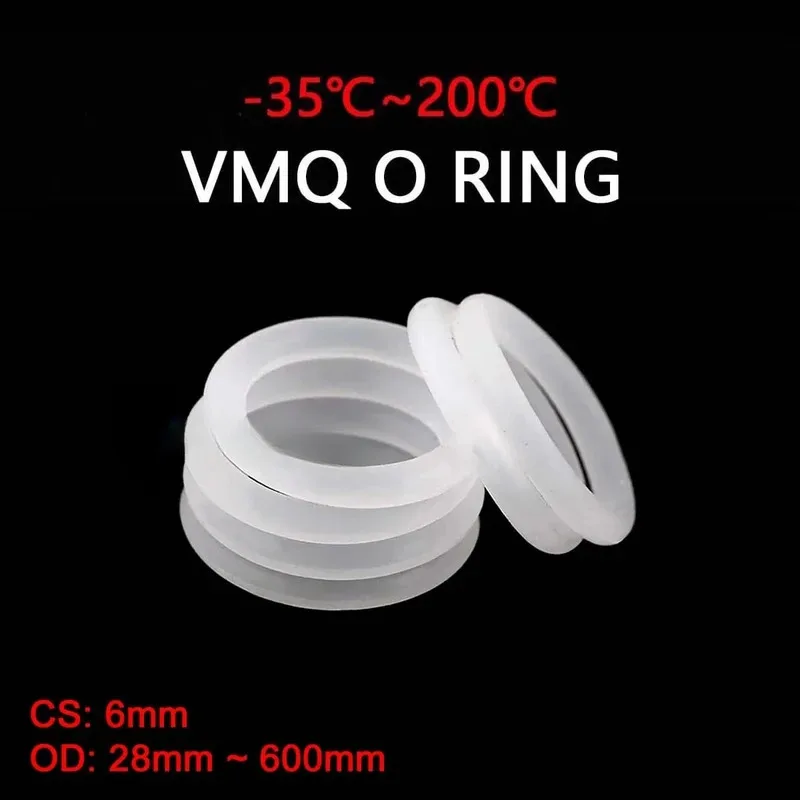 

VMQ White Silicone O-Ring Gasket CS 6mm OD 28mm ~ 600mm Silicon O Ring Washer Food Grade Sealing Ring Waterproof & Insulated