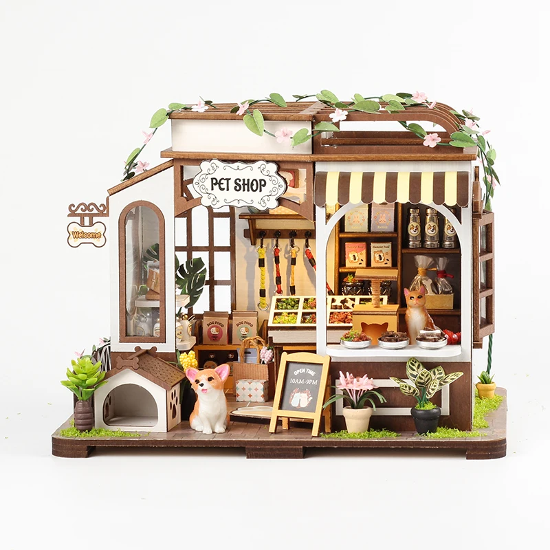 DIY Wooden Miniature Model Kit Pet Shop Cottage 3D Puzzle Building Dollhouse With Furniture Lights Home Decor for Friends Gifts