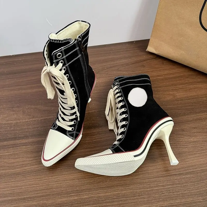 Y2K Girl's Shoes Designer High Heels Sports  Lace-up Canvas Shoes for Women Casual High-top Zipper Fashion Pointed Tip High Heel view 6