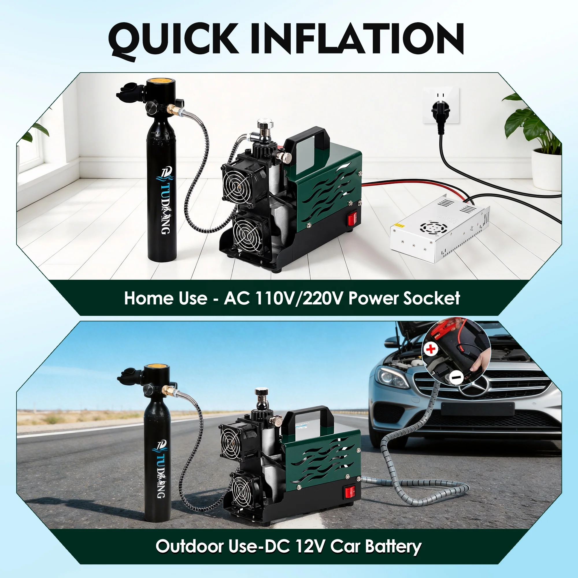 TUXING Hot Sale Sual-fan Rapid Cooling 300Bar 30Mpa 4500PSi Scuba Diving Mini Hunting Oil-less Paintball Game PCP Air Compressor