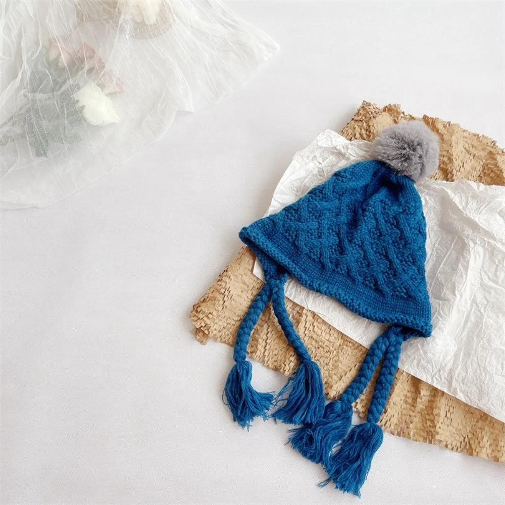 

Fashion Autumn Winter Baby Crochet Hat Soft Warm Pom-pom Hand Knitted Cap Tassel Pigtail Outdoor Ear Protection Cap Boys Girls
