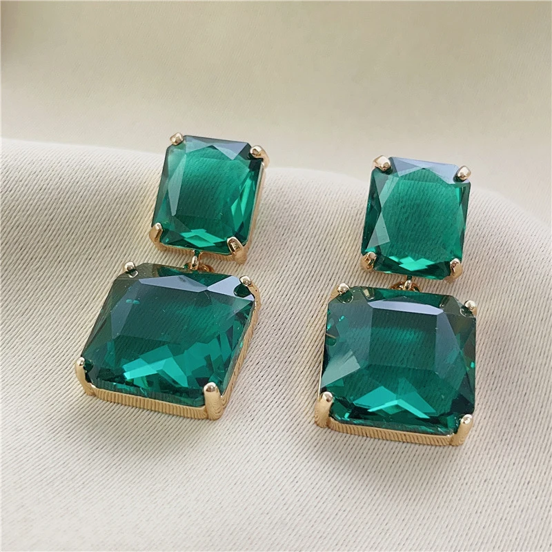 Square Metal Green Crystal Glass Dangle Post Earrings For Women Fashion Jewelry Elegant Party Accessories Fancy New Styles C1689