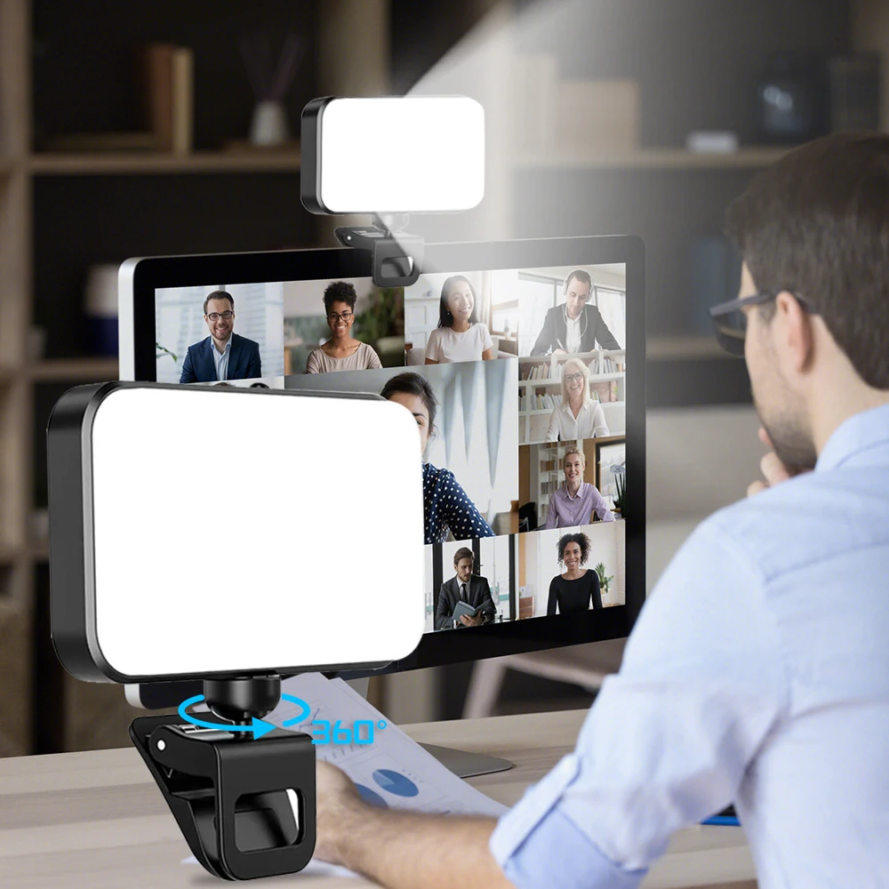 360 Degree Rotatable LED Selfie Fill Light Rechargeable Adjustable Brightness Clip On Phone Laptop Tablet For Meeting Make Up