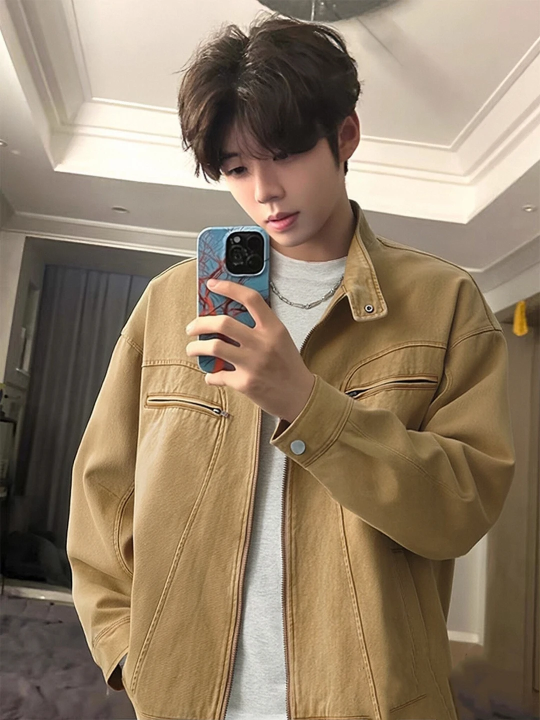 

Brown Stand Collar Harington Jaet Men's Spring Autumn ort Waed Workwear Top American Sle Zipper Closure Outerwear