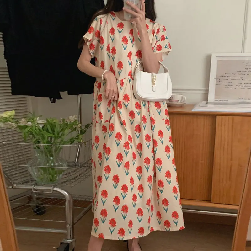 Vestido Midi Coreano de Verão com Estampa Floral Chique, Solto e Casual, com Design de Bolso e Manga Voadora, Cintura Alta, p...