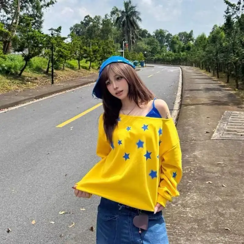 

American Style Sweatshirt Star Off-Shoulder Sweatshirt for Women Commuting Spring and Autumn Loose Casual Long-Sleeved Pullover