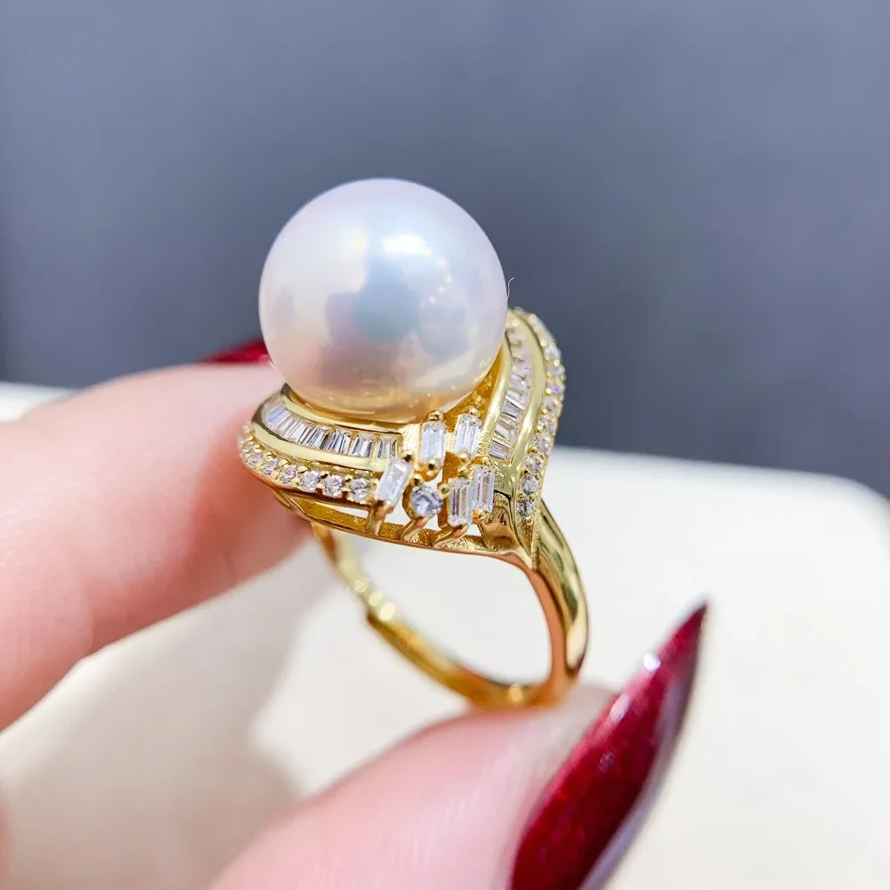 

DIY Pearl Ring Accessories S925 Sterling Silver Ring Empty Holder Fashionable Gold Silver Jewelry Fit 11-13mm Round Z448