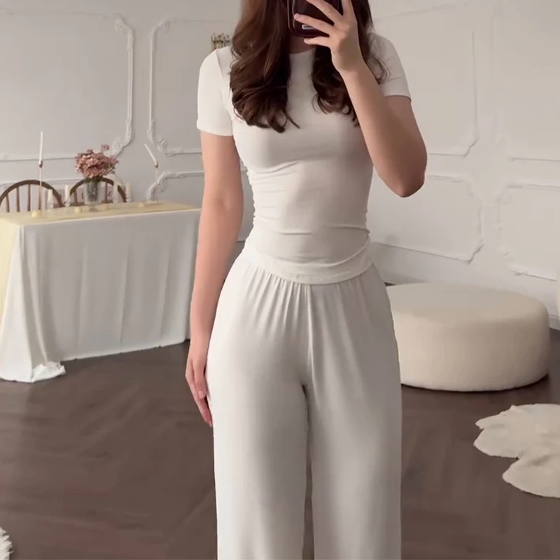 Casual Long Pants Suits Women O-neck Short Sleeve T-shirt Elastic Waist Trousers Set Spring Summer Solid Lady Household Clothes