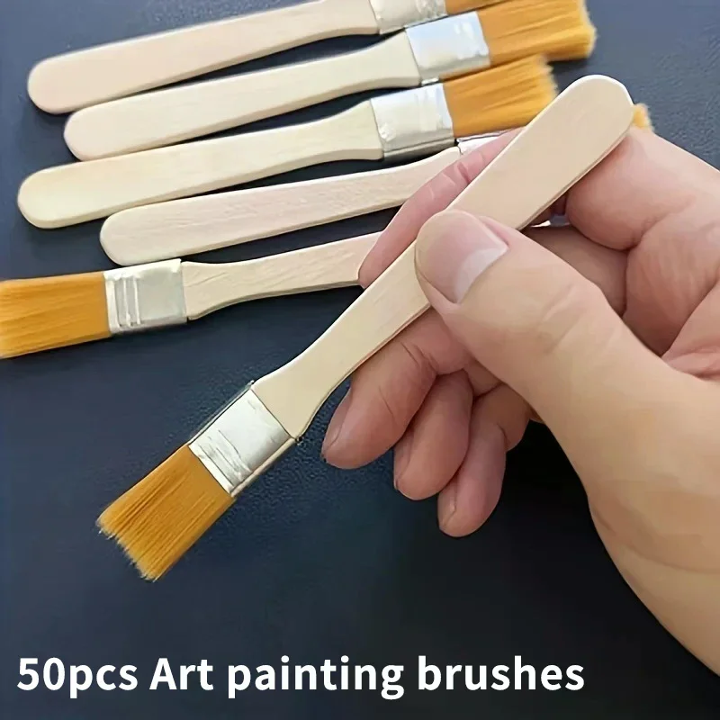 50pcs-nylon Brushes, Short Wooden Handle Art Paint Brushes, Watercolor Brushes, Wall Brushes, Art Brushes, Cleaning Tools