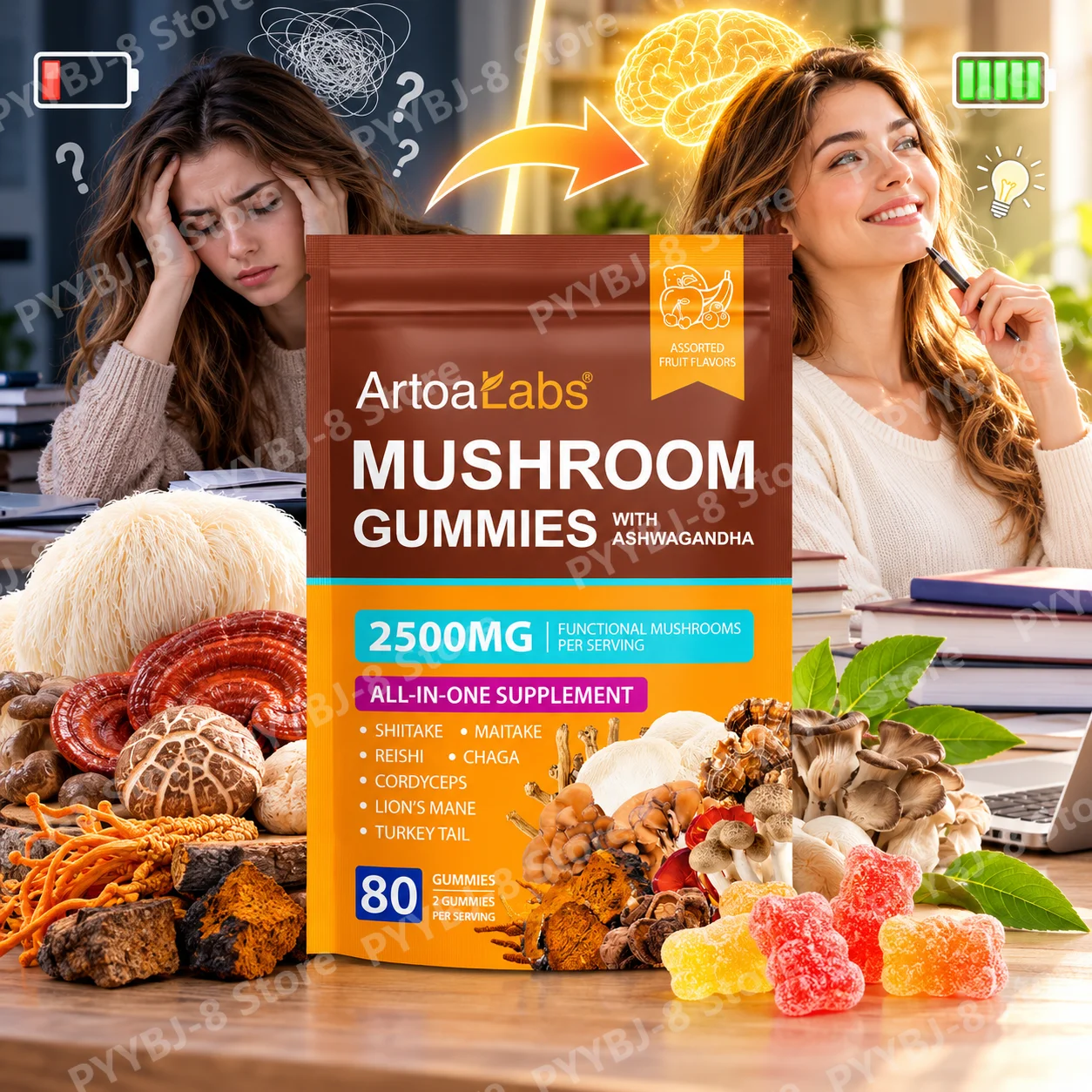 ArtoaLabs Mushroom Gummies with Ashwagandha Functional Mushroom Blend for Immune Support, Focus & Energy Daily 80 Gummies
