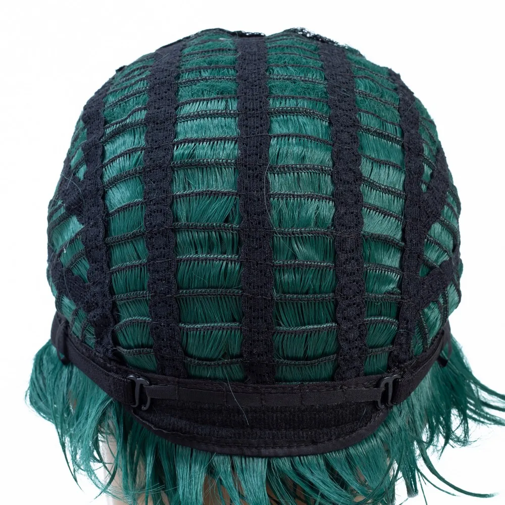 Peluca de Cosplay corta, pelo sintético liso ligeramente rizado, verde oscuro para mujeres o hombres, cubierta para la cabeza