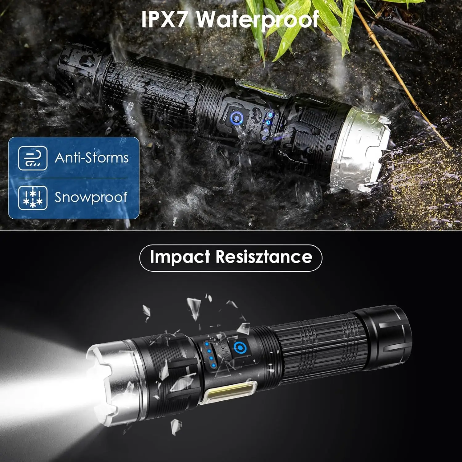 مصابيح كاشفة قابلة لإعادة الشحن، عبوتان، 7 أوضاع LED، IPX7 مقاومة للماء، لومن عالي للخارج والمنزل وحالات الطوارئ