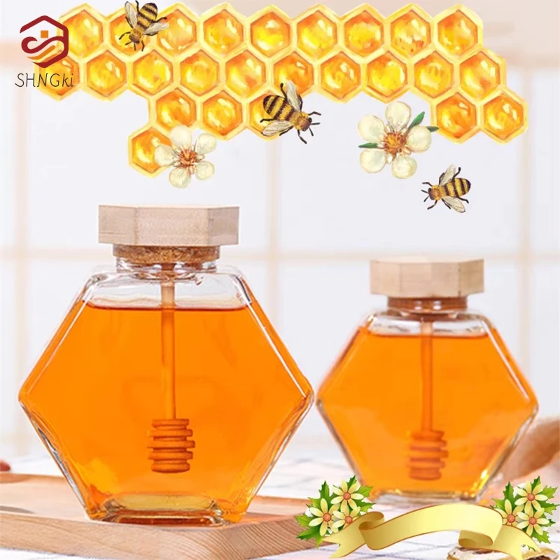 Kitchen 100ML/220ML/380ML Hexagonal Glass Honey Bottle With Wooden Honey Pot Stirring Rod Sealing Clear Jam Jar Home Storage