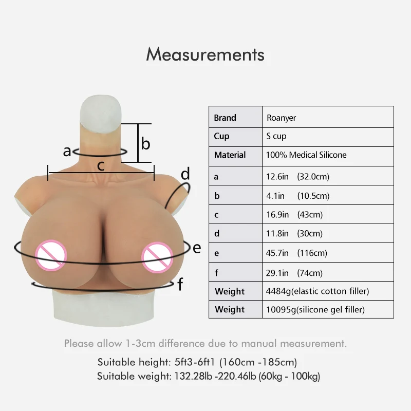 Roanyer Silicone Large S Cup Breast Forms for Drag Queen Costumes Crossdresser Bodysuit Realistic Fake Boobs Shemale Male to Fem