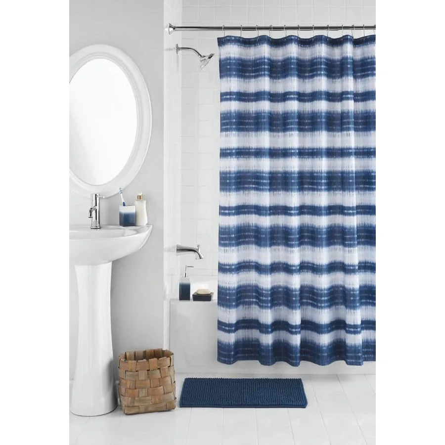 

17-Piece Indigo Shibori Stripe Polyester Ceramic Shower Curtain and Bathroom Accessory Set Blue Print