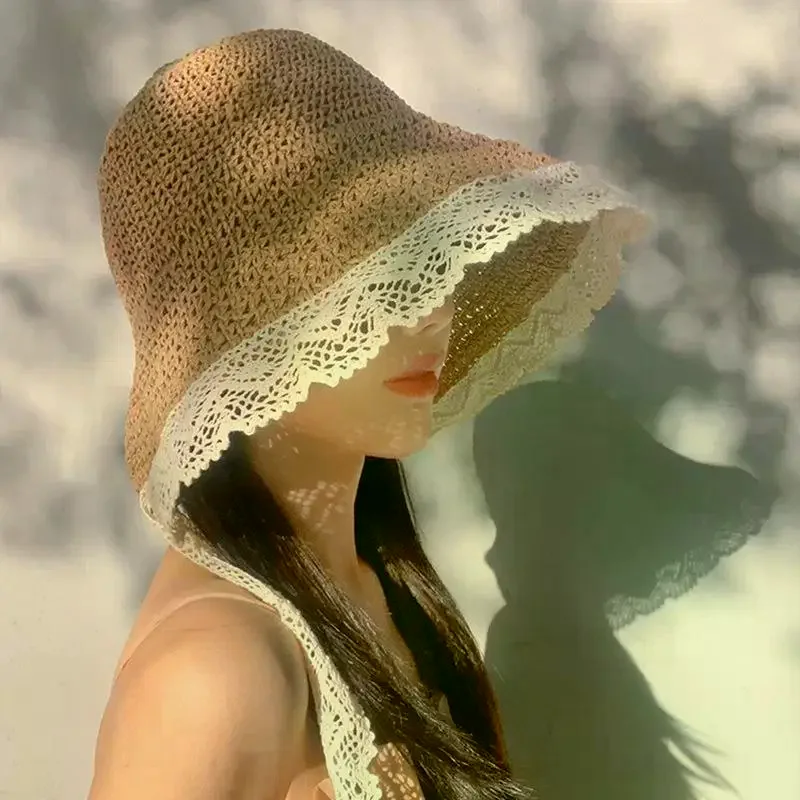 New Women's Lace Sun Hat Wide Along The Beach Hat Summer Straw Hat Folding Sun Hat Head Women's Beach UV Protection Hat