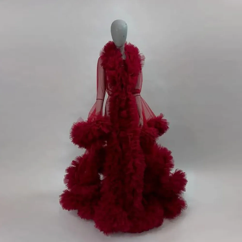 Good Quality Dark Red Ruffles Trimmed Long Tulle Robe Maternity Robe To Photoshoots Illusion Women Maxi Dresses