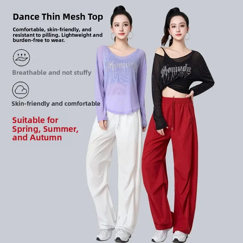 spring-summer-new-diamond-embellished-sport-set-women's-mesh-cover-up-loose-long-sleeve-square-dance-clothes-jazz-dance-train