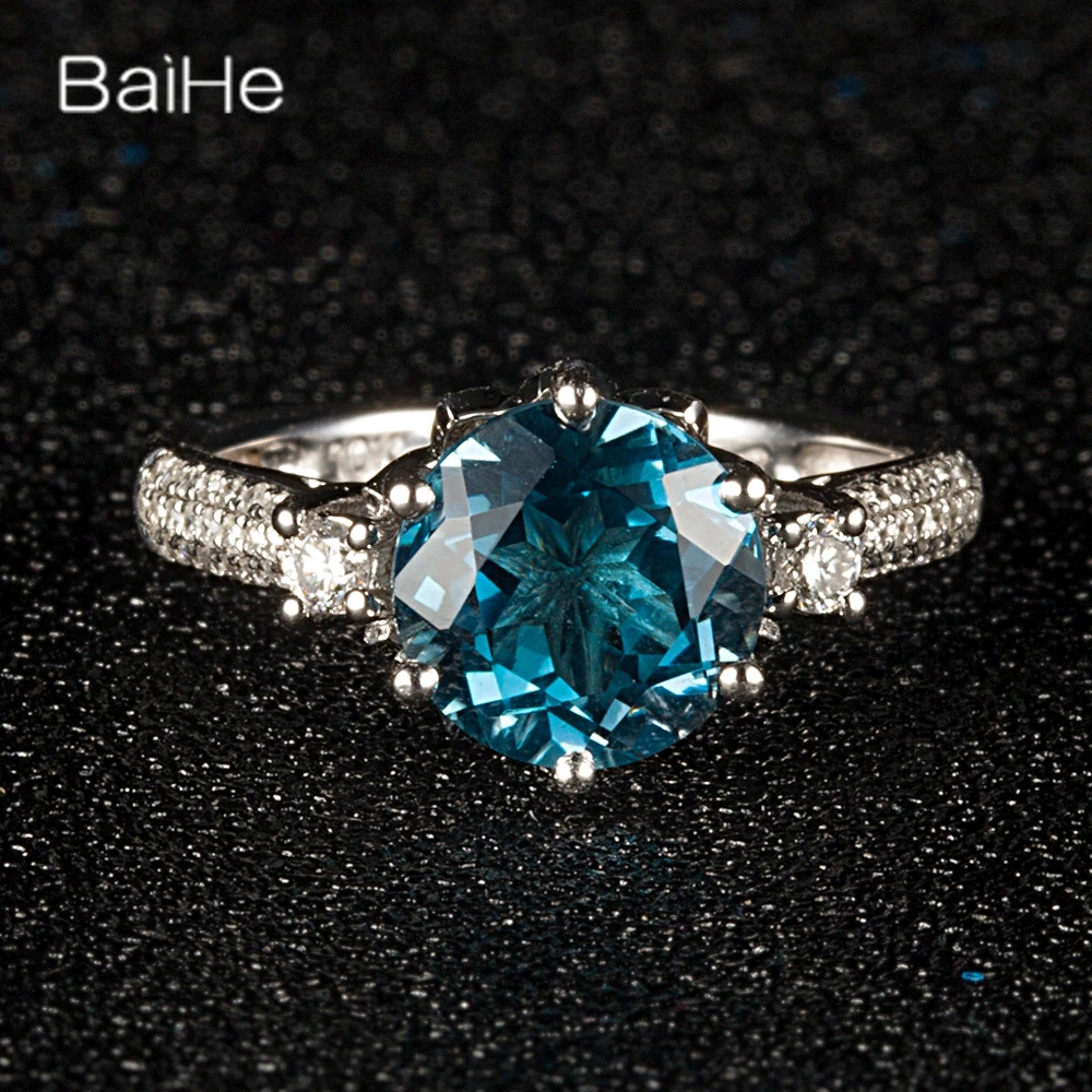 

BAIHE Sterling Silver 925 2.6ct Flawless Round London Blue Topaz Ring Women MEN Fine Jewelry Making خاتم التوباز الأزرق Anneau