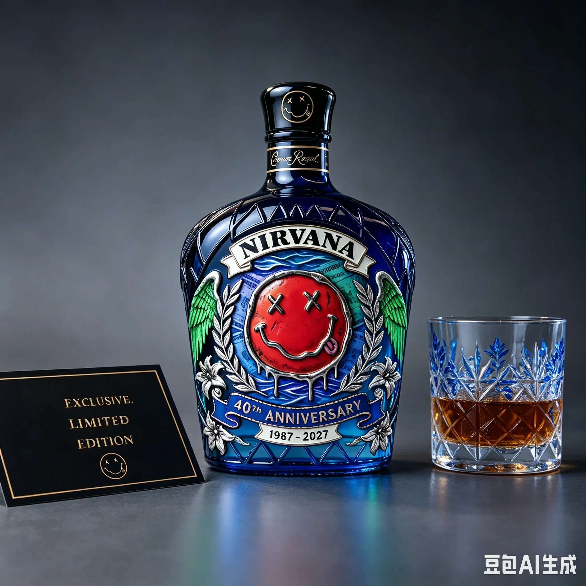 Nirvana Rock Band Embossed Black Glass Whiskey Decanter Yellow Smiley Face Relief Liquor Bottle Retro Grunge Music Fan