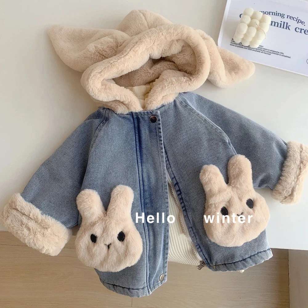 for Girls Jacket Boy Children's Denim Jackets Baby Cute Rabbit Ear Hooded Velvet Thick Warm Coat Kids Winter Outerwear Clothes