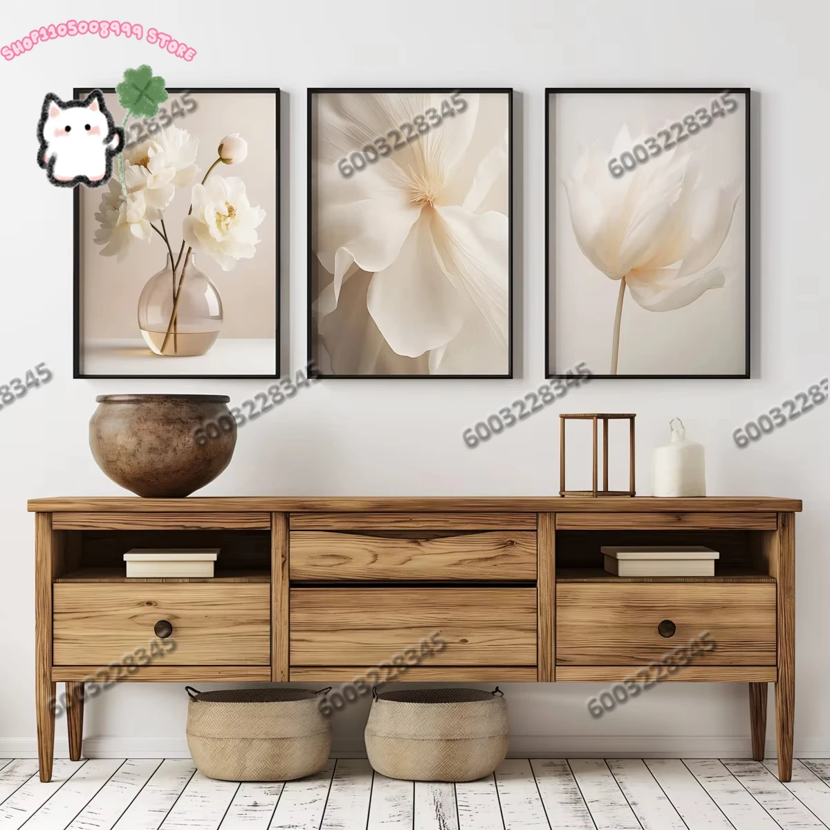 3 Stück rahmenlose einfache weiße Pfingstrosen-Blume, neutrale moderne Wandkunstdrucke, Wohnzimmer, Esszimmer, Innenwanddekoration