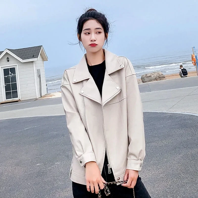 黒の女性の Pu レザージャケット秋冬新韓国語バージョン緩い厚いオートバイショートジャケット女性ジッパー生き抜くトップス