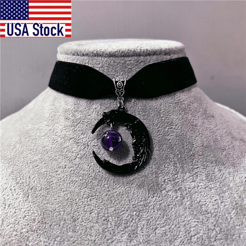 1Pc purple artificial crystal moon black velvet necklace, a fashionable jewelry gift for women