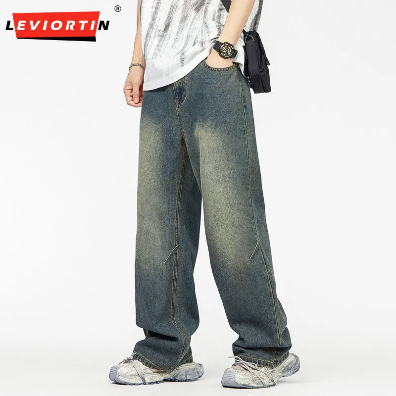 2024 Spring and Autumn New American Fashion Trendy Brand Men's Straight Tube Aged Washed Jeans Neutral Loose Floor Pants