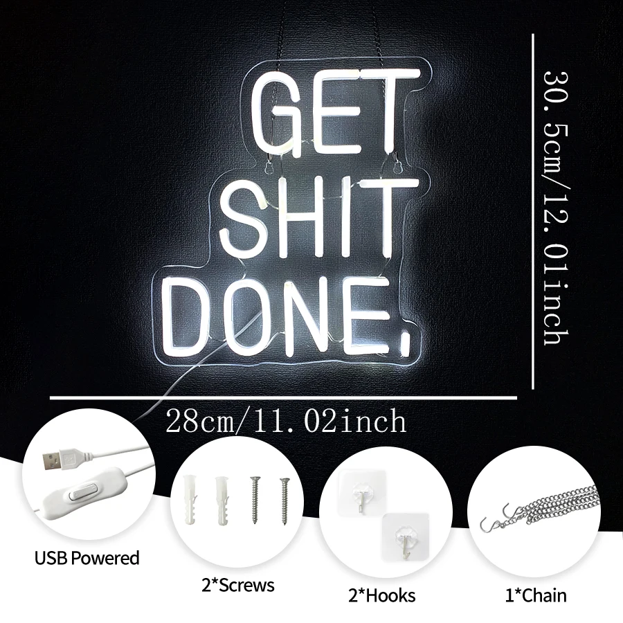 Get Shit Done Neon Sign For Wall Decor,Light Up Sign For Ins Style Bedroom,Living Room,Office,Bar,Party Decor,USB Powered